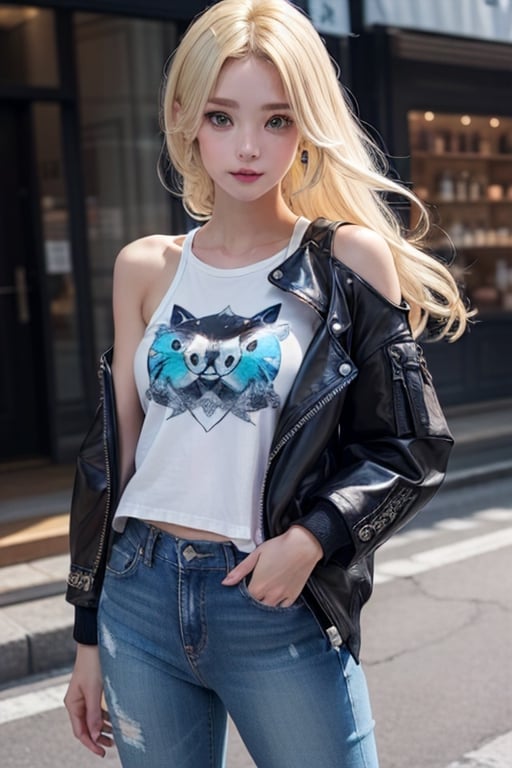 a boy, charming, romantic, playful, confident, wearing wide shoulder multi patterned black jacket with white tee and leather skinny pants, hair blond color, with a girl radiant, responsive, has expressive eyes and she's graceful, she i wearing a long Buggie tee and skinny jeans and has blue and white colored long hair, anime.