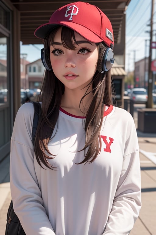 1girl, solo, headphones, hat, baseball_cap, long_hair, brown_eyes, looking_at_viewer, black_hair, lips, long_sleeves, upper_body, closed_mouth, brown_hair, artist_name

