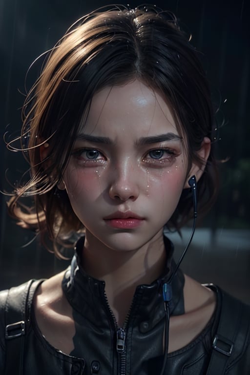 there is a man with earphones on in the rain, artwork in the style of guweiz, realistic art style, realistic digital art 4 k, realistic digital art 4k, tears in the rain, sad expression, beautiful digital artwork, realistic art style, crying tears, raining portrait, beautiful crying! android man, realistic anime 3 d style.