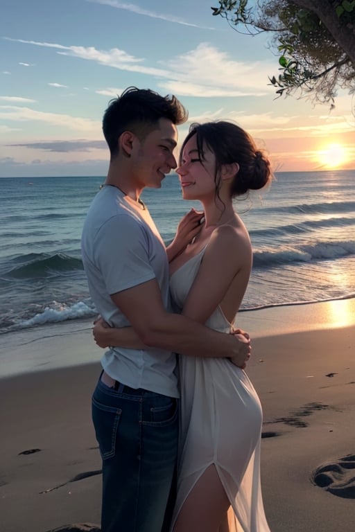 As the sun sets over the ocean, a young couple embraces on the beach, their love radiating in the warm golden light.