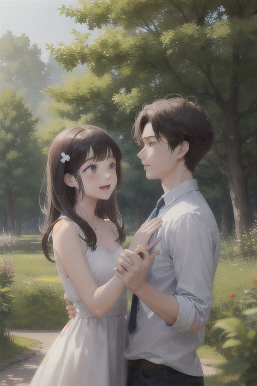 A serene nature background with a gentle breeze rustling through the trees, framing an adorable teenage couple lost in a moment of pure love and joy, their anime-inspired features shining with emotion.