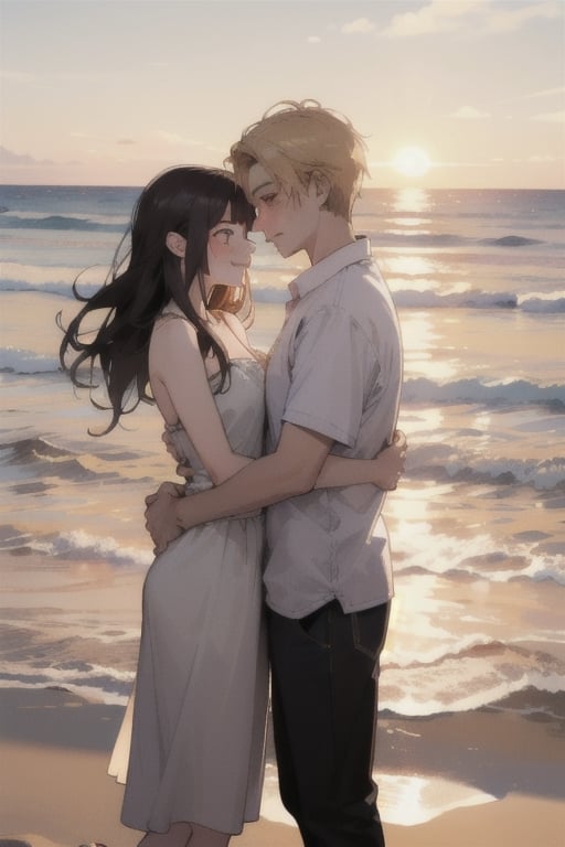 As the sun sets over the ocean, a young couple embraces on the beach, their love radiating in the warm golden light.