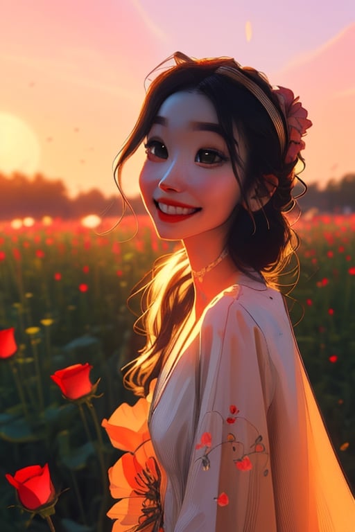 Create an anime girl character with a flawless and enchanting face. She wears an elegant dress and a vibrant floral hairband, illuminated by the soft, golden rays of the setting sun. In the midst of a field adorned with vibrant sunset rose flowers, ensure that her eyes sparkle with warmth, her smile is inviting, and her overall appearance exudes a captivating and timeless beauty. Please emphasize the beauty of her facial features to create a truly enchanting character