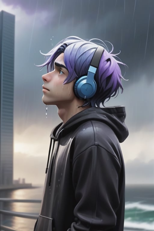 1 boy, sad and depressed on his face, standing near the ocean or on a skyscraper, has blue-purple hair, wearing a black hoodie with earphones in his ears, looking up the sky that is pouring rain and making him wet