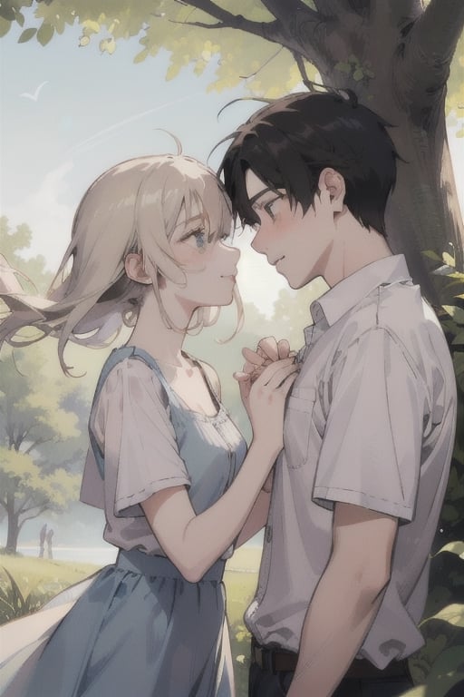 A serene nature background with a gentle breeze rustling through the trees, framing an adorable teenage couple lost in a moment of pure love and joy, their anime-inspired features shining with emotion.