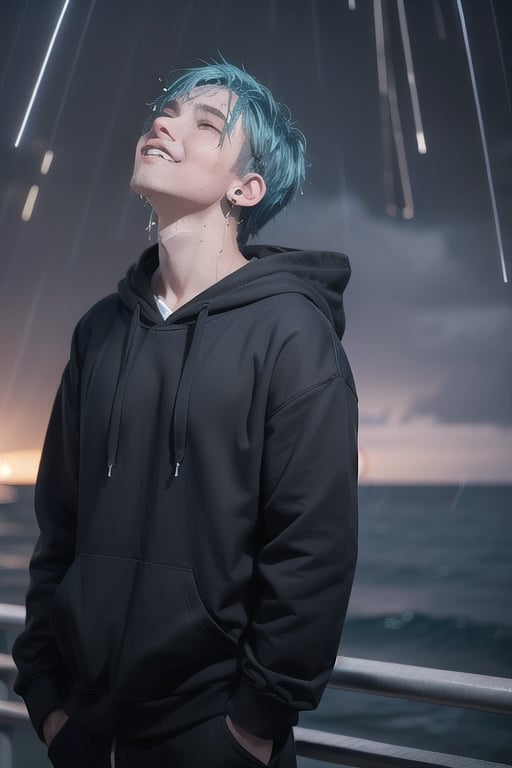 1 boy, sad and depressed with a sadic smile on his face, standing near the ocean or on a skyscraper, has blue hair, wearing a black hoodie with earphones in his ears, looking up the sky that is pouring rain and making him wet