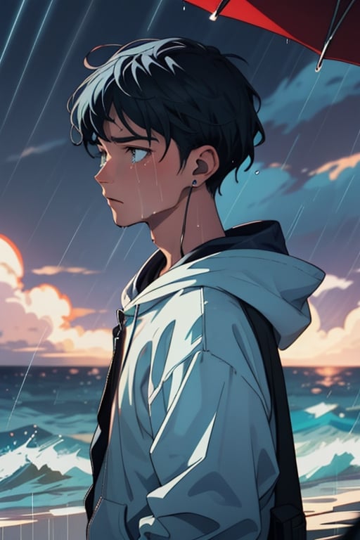 a teenage boy standing under the rain drenched near the ocean, sad and crying, wearing a black hoodie on his head with earphones in his ears. has black and blue hair