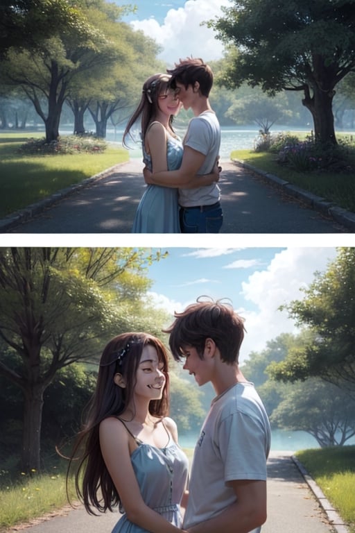 A serene nature background with a gentle breeze rustling through the trees, framing an adorable teenage couple lost in a moment of pure love and joy, their anime-inspired features shining with emotion.