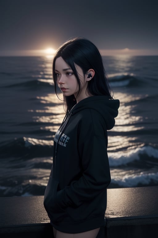 An anime girl, with long black hair, stands on a ledge overlooking the ocean on a rainy beach. She appears sad and depressed, with her hands holding her head. Her detailed figure is set against a realistic night cityscape, illuminated by pleasant and finely detailed 4K realistic shaded lighting in the CryEngine style. She wears a blue hoodie with earphones in her ears, creating a poignant matte painting portrait shot.