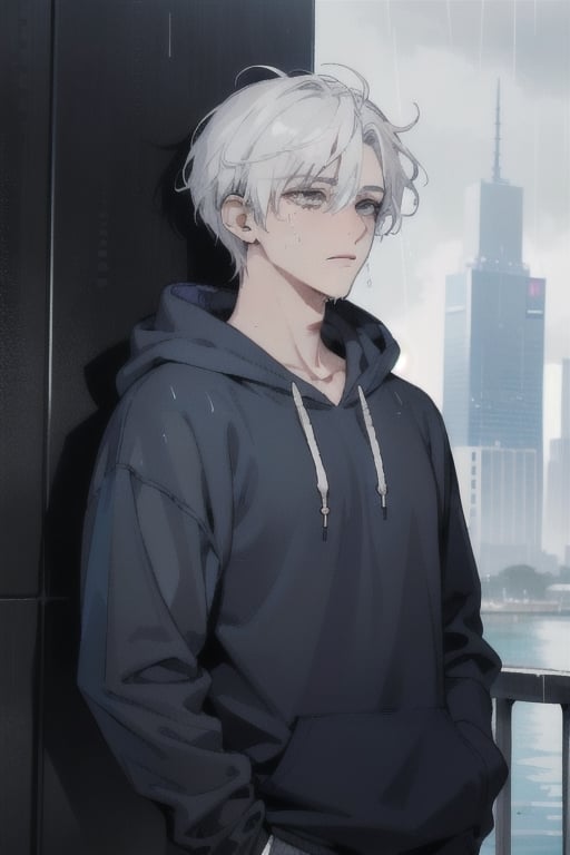 Visualize an exceptionally handsome teenage boy with medium long, black and white hair standing at the top of a skyscraper or near the ocean. he's wearing a blue hoodie and has earphones in her ears. Despite his remarkable handsomeness, he's deeply distressed, tears mixing with the rain as he gazes up at the sky, getting drenched by the pouring rain
