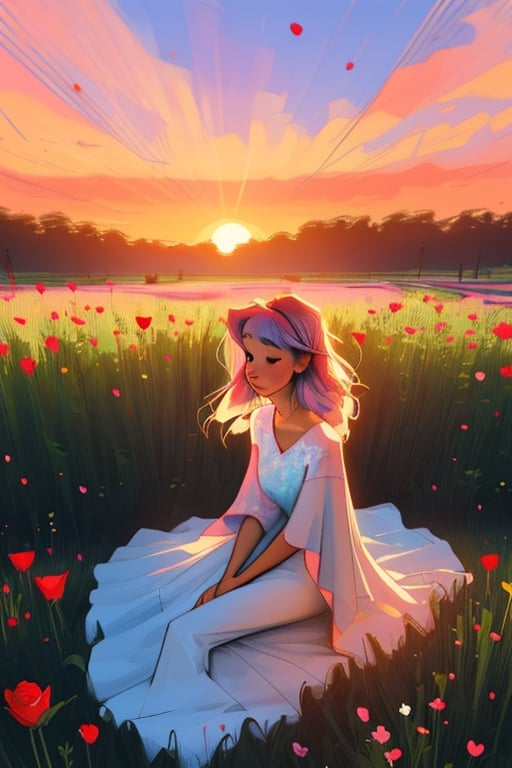 anime girl, wearing an elegant dress and a colorful floral hairband, being Sunkissed, seated in the middle of a field full of sunset rose flowers, 