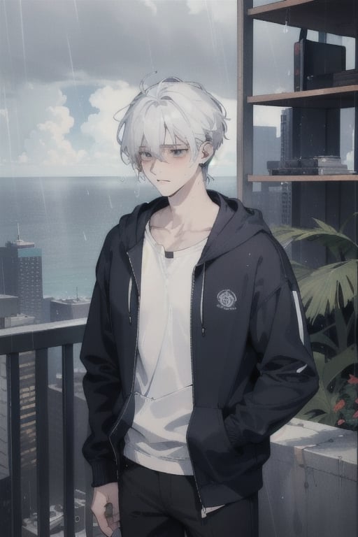 Visualize an exceptionally handsome teenage boy with long, black and white hair standing at the top of a skyscraper or near the ocean. he's wearing a blue hoodie and has earphones in her ears. Despite his remarkable handsomeness, he's deeply distressed, tears mixing with the rain as he gazes up at the sky, getting drenched by the pouring rain
