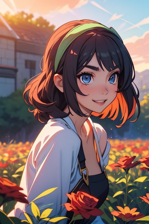 Create an anime girl character with a flawless and enchanting face. She wears an elegant dress and a vibrant floral hairband, illuminated by the soft, golden rays of the setting sun. In the midst of a field adorned with vibrant sunset rose flowers, ensure that her eyes sparkle with warmth, her smile is inviting, and her overall appearance exudes a captivating and timeless beauty. Please emphasize the beauty of her facial features to create a truly enchanting character,kaede