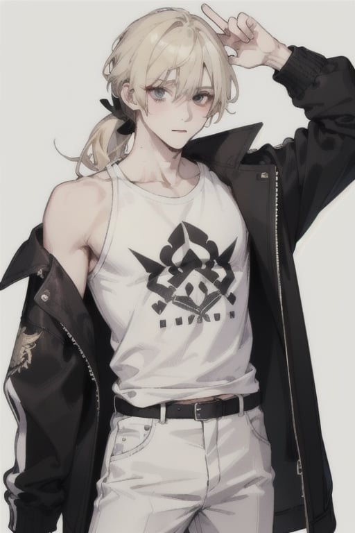 a boy, charming, romantic, playful, confident, wearing wide shoulder multi patterned black jacket with white tee and leather skinny pants, hair blond color tied in a ponytail.