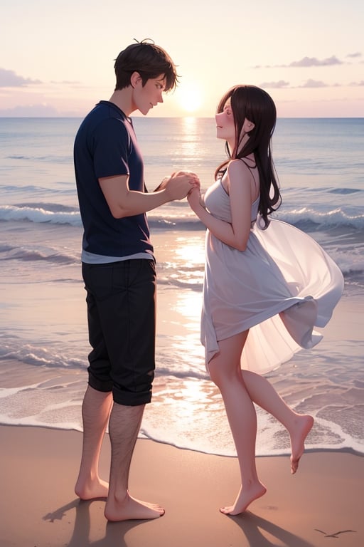 As the sun sets over the ocean, a young couple embraces on the beach, their love radiating in the warm golden light.