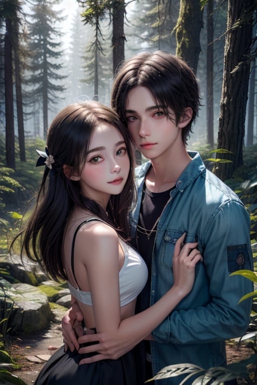 A dreamy nature background, with a misty forest setting the scene for an adorable teenage couple , their anime-inspired eyes locked in a loving gaze as they explore the beauty of nature together.,girl