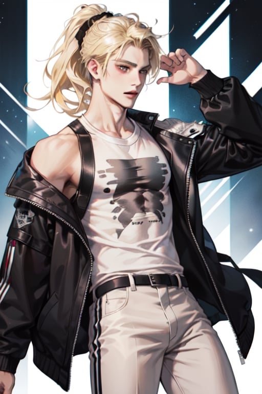 a boy, charming, romantic, playful, confident, wearing wide shoulder multi patterned black jacket with white tee and leather skinny pants, hair blond color tied in a ponytail.