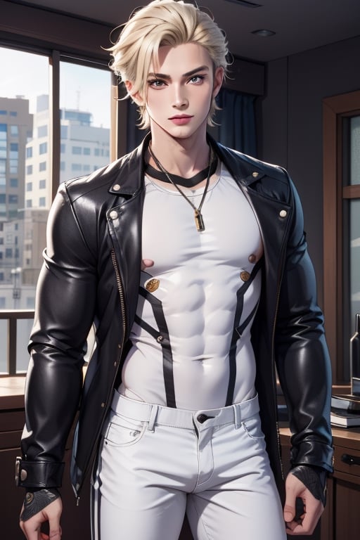 a boy, charming, romantic, playful, confident, wearing wide shoulder multi patterned black jacket with white tee and leather skinny pants, hair blond color, 