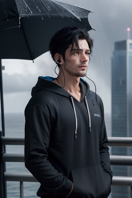 Visualize an exceptionally handsome boy with medium long, black and white hair standing at the top of a skyscraper or near the ocean. he's wearing a blue hoodie and has earphones in her ears. Despite his remarkable handsomeness, he's deeply distressed, tears mixing with the rain as he gazes up at the sky, getting drenched by the pouring rain
