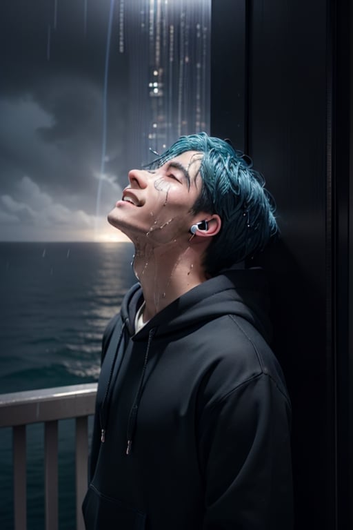 1 boy, sad and depressed with a sad smile on his face, standing near the ocean or on a skyscraper, has blue hair, wearing a black hoodie with earphones in his ears, looking up the sky that is pouring rain and making him wet