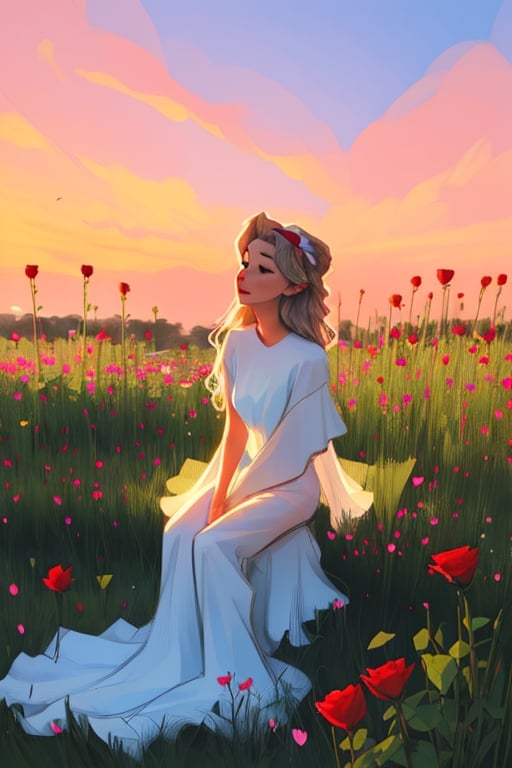 anime girl, wearing an elegant dress and a colorful floral hairband, being Sunkissed, seated in the middle of a field full of sunset rose flowers, 