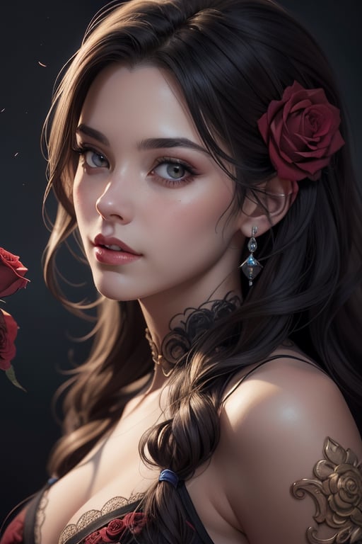 a close up of a woman with long hair and roses, beautiful fantasy art portrait, beautiful fantasy portrait, beautiful digital artwork, fantasy art portrait, beautiful digital art, gorgeous digital art, beautiful gorgeous digital art, beautiful digital illustration, artgerm portrait, beautiful art uhd 4 k, beautiful fantasy art, in the art style of bowater, fantasy portrait art