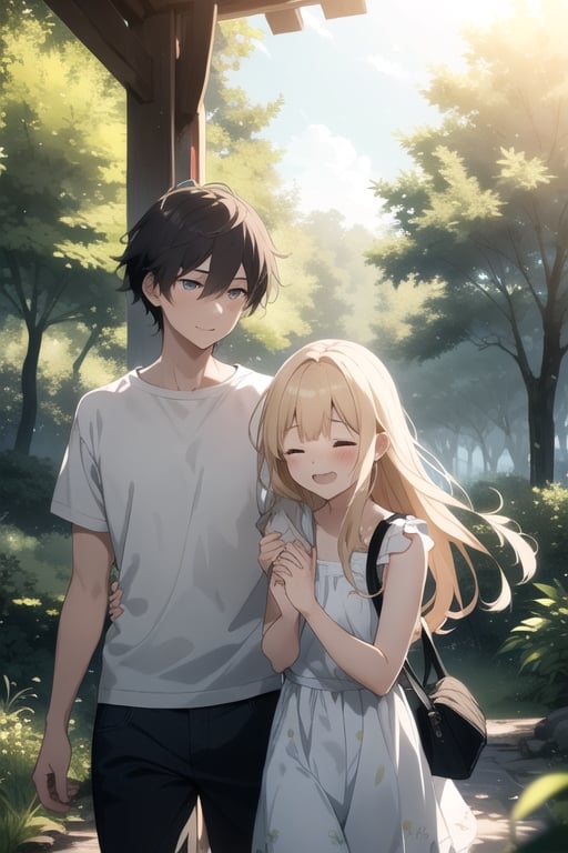 A serene nature background with a gentle breeze rustling through the trees, framing an adorable teenage couple lost in a moment of pure love and joy, their anime-inspired features shining with emotion.