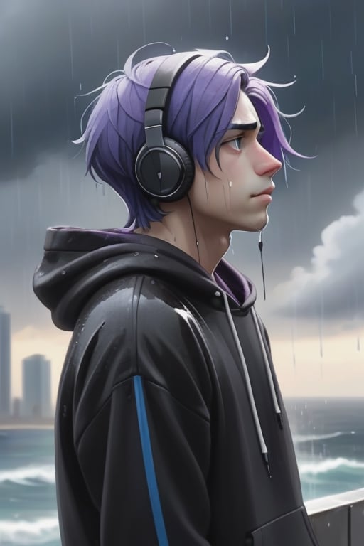 1 boy, sad and depressed on his face, standing near the ocean or on a skyscraper, has blue-purple hair, wearing a black hoodie with earphones in his ears, looking up the sky that is pouring rain and making him wet