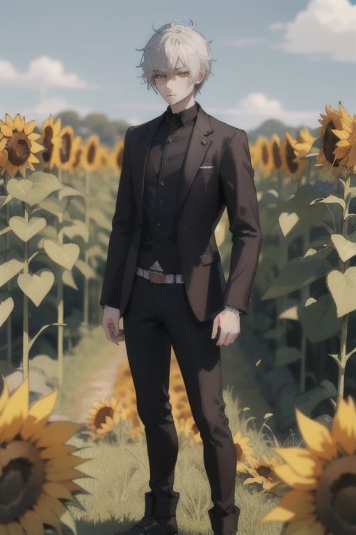 Craft a 3D anime character of a sorrowful male character standing in a field of withered sunflowers.