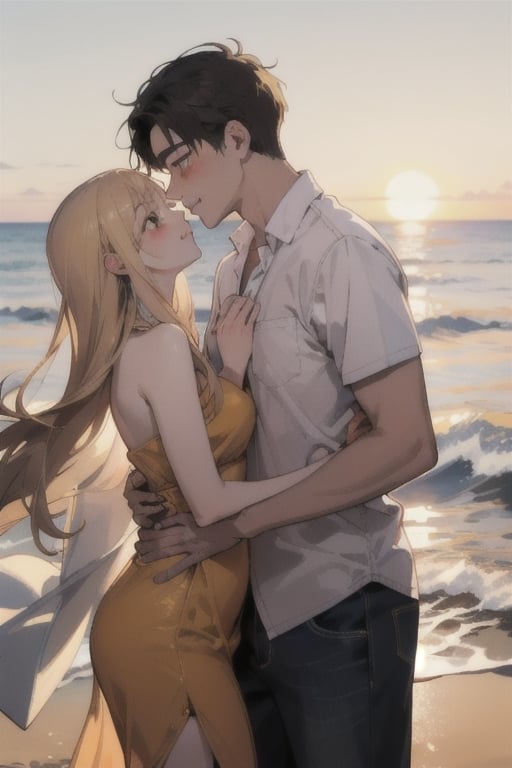 As the sun sets over the ocean, a young couple embraces on the beach, their love radiating in the warm golden light.