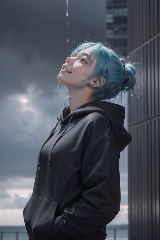 1 girl, sad and depressed with a sadic smile on her face, standing near the ocean or on a skyscraper, has blue hair, wearing a black hoodie with earphones in her ears, looking up the sky that is pouring rain and making her wet