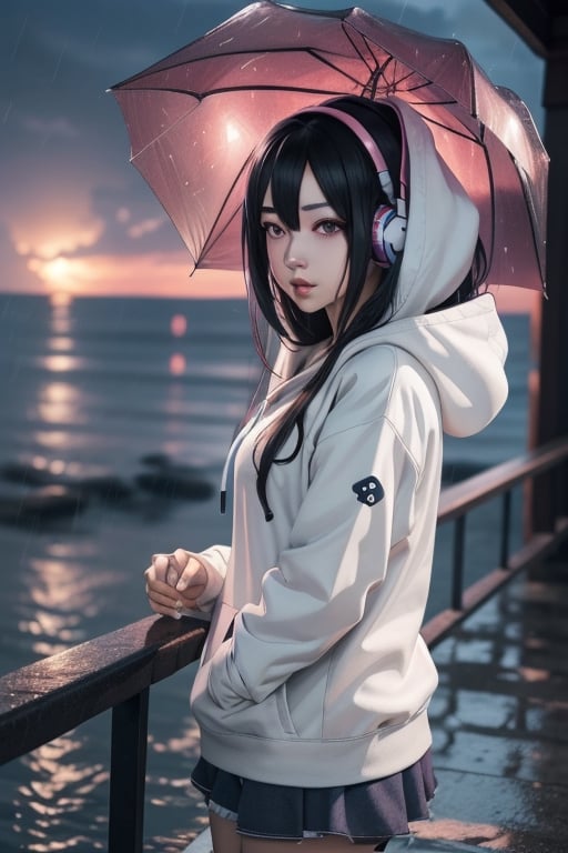 anime girl listening to music in the rain by the ocean, nightcore, 4k anime wallpaper, anime style 4 k, anime wallpaper 4k, anime wallpaper 4 k, black haired girl wearing hoodie, anime vibes, an anime girl, anime art wallpaper 4 k, anime art wallpaper 4k, anime art wallpaper 8 k, beautiful anime girl
