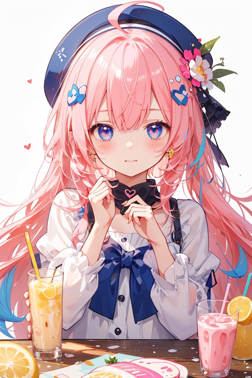 masterpiece, best quality, ultra detailed, extremely detailed, wallpaper, 1girl, solo, long hair, blush, hair ornament, hat, white background, pink hair, ahoge, heart, food, virtual youtuber, straw, juice box, blue hair, yellow hair, 