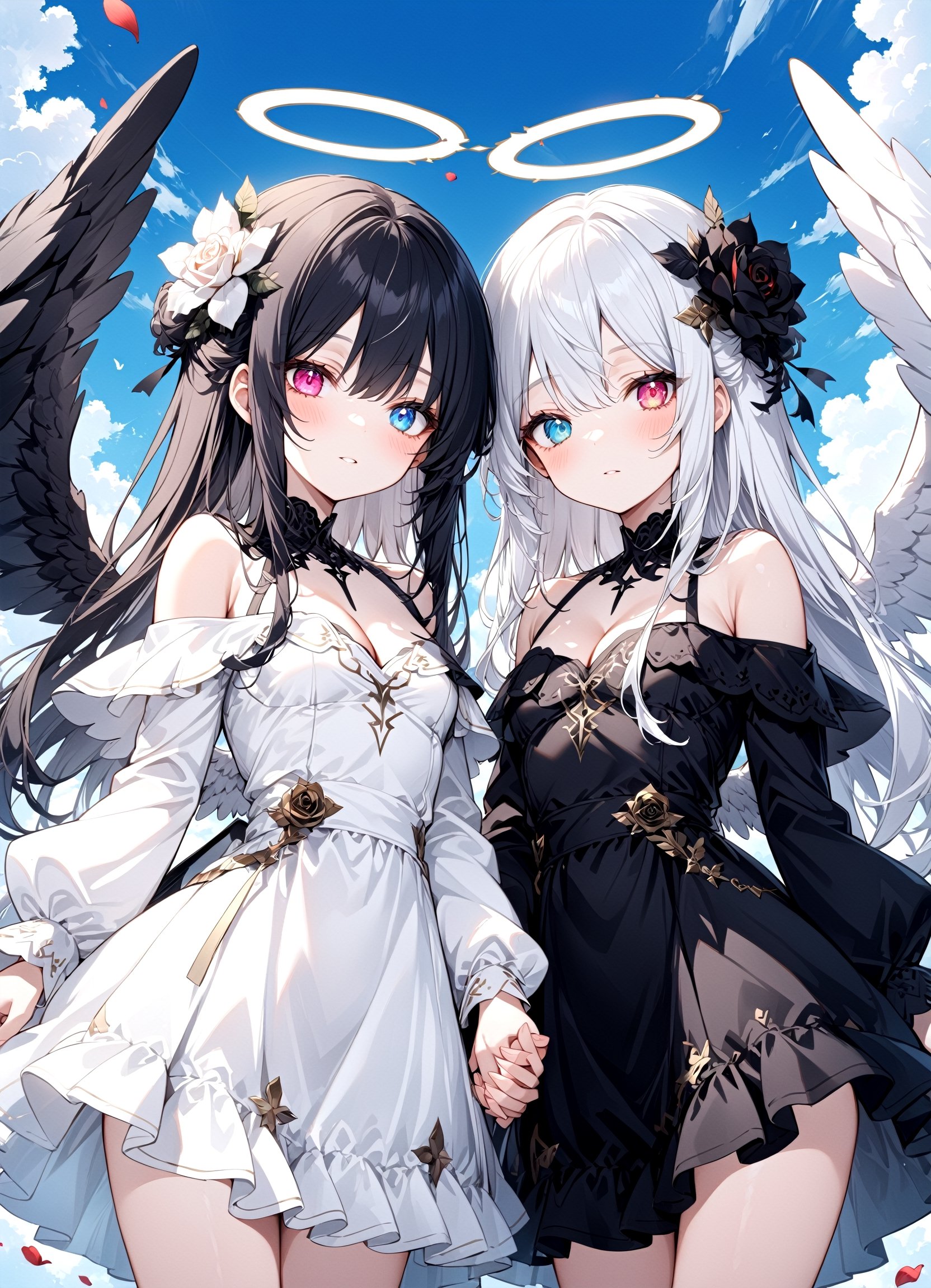 2girl, twins, white_angel with white further wing and white halo, black_angel with black further wing and dark halo, cowboy shot,cleavage,off shoulder,hair flower, off-shoulder dress, puffy long sleeves, puffy sleeves, rose petals, Heterochromatic pupil, cloud, sky, holding hands
