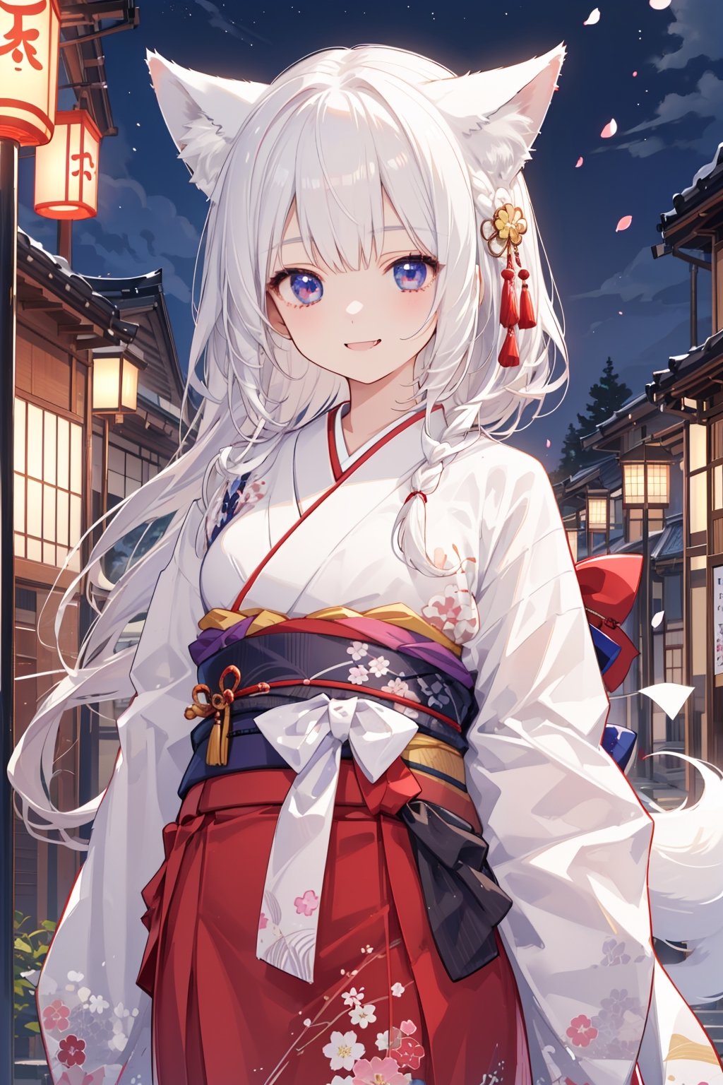 masterpiece, best quality, ultra detailed, extremely detailed, wallpaper, 1girl, solo, long hair, looking at viewer, smile, bangs, fox girl, white hair, kimono, long sleeve, wide sleeve, braid, fang, animal ear fluff, petals, night, scenery, kimono skirt, japanese clothes, street, arm behind back