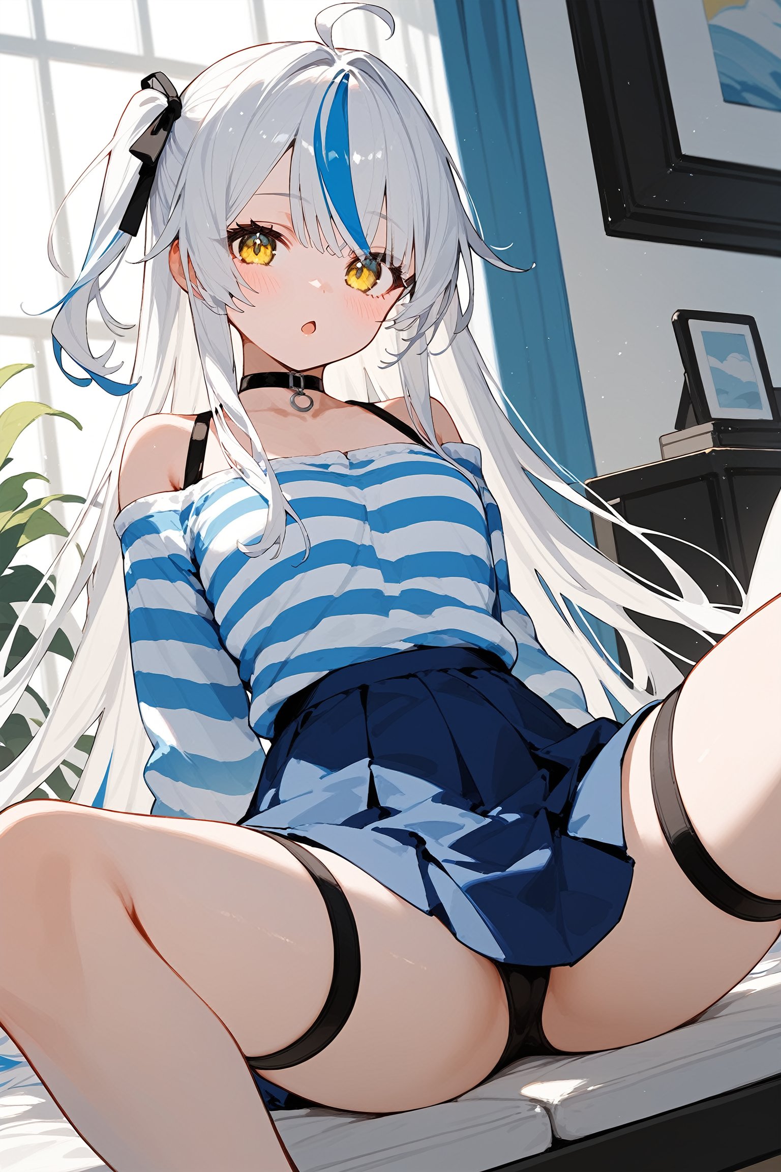 (score_9, score_8_up, score_7_up), 1girl, solo, long hair, looking at viewer, blush, open mouth, bangs, skirt, white hair, shirt, long sleeves, yellow eyes, sitting, very long hair, ahoge, multicolored hair, choker, striped,  indoors,  spread legs, blue skirt, off shoulder, streaked hair, thigh strap, one side up, choker, striped shirt