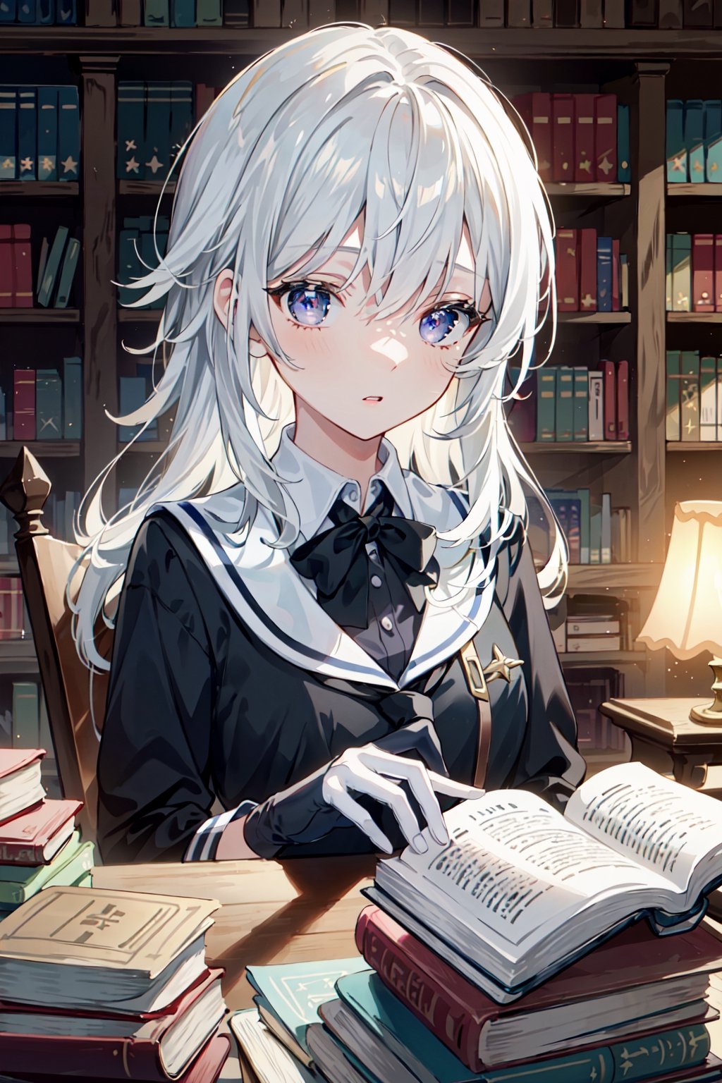 (masterpiece:1.2, best quality), (finely detailed beautiful eyes: 1.2), (extremely detailed CG unity 8k wallpaper, masterpiece, best quality, ultra-detailed, best shadow), (detailed background), (beautiful detailed face, beautiful detailed eyes), (best illumination, an extremely delicate and beautiful), beautiful detailed glow, 1girl, solo, school uniform, long hair, black gloves, purple eyes, white hair, small breasts, library, bookshelves, books, lamps, tables, plants, ethereal glow, vibrant colors