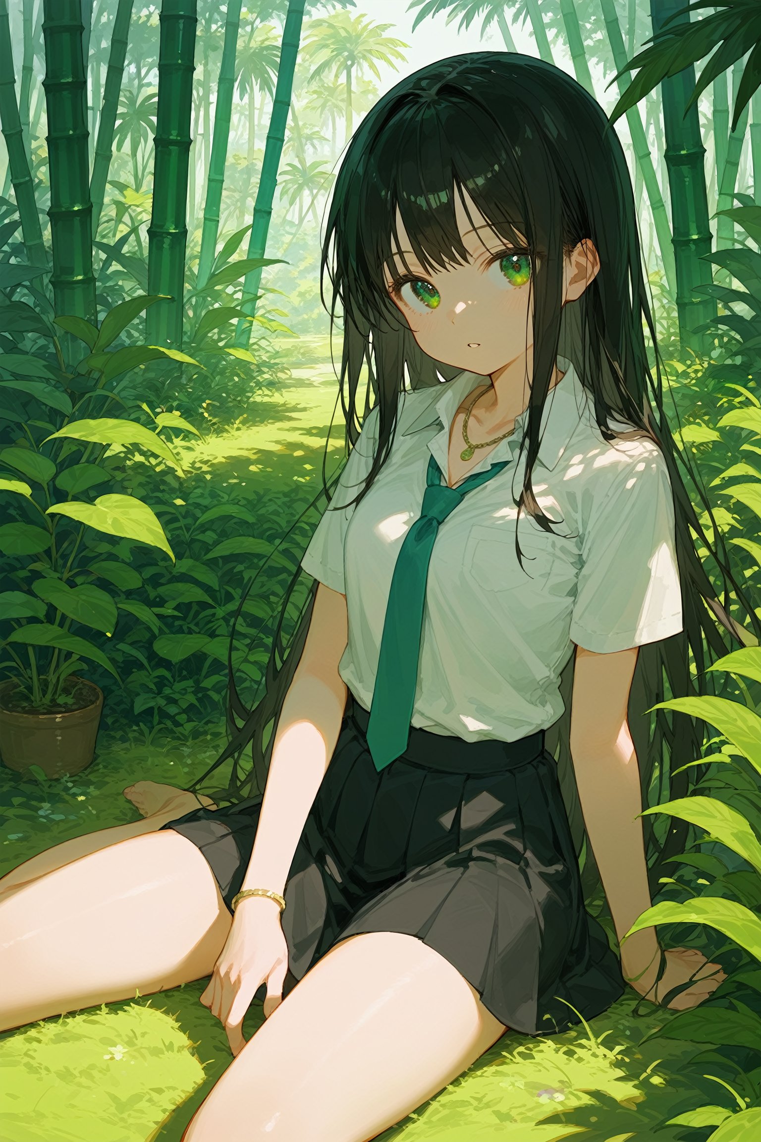 (score_9, score_8_up, score_7_up), 1girl, bamboo, bangs, black hair, black skirt, collared shirt, grass, green eyes, jewelry, jungle, leaf, long hair, looking at viewer, nature, necklace, necktie, on grass, on ground, outdoors, palm tree, parted lips, plant, potted plant, shibuya rin, shirt, short sleeves, skirt, solo, tanabata, tanzaku, tree, vines, white shirt,,
