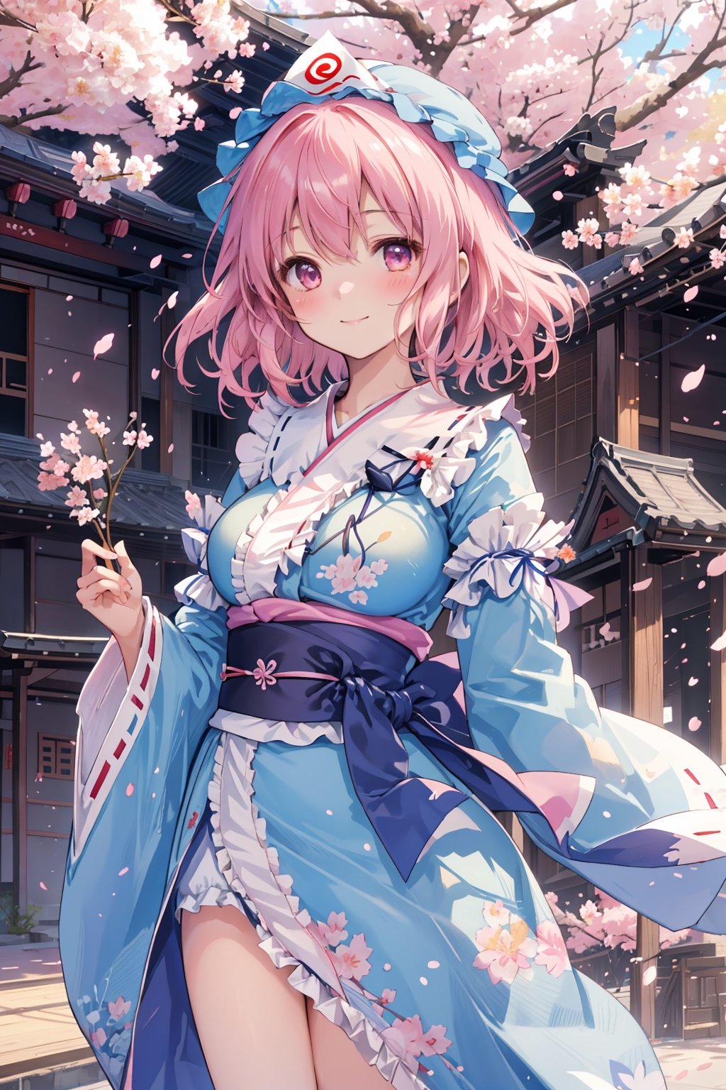 masterpiece, best quality, ultra-detailed, extremely detailed, depth of field, 1girl, solo, breasts, looking at viewer, blush, smile, saigyouji yuyuko, sakura, japanese clothes, sash, sky, wide sleeves, smile, dress, ribbon, tabi, obi, long sleeves, frills, cherry blossoms trees