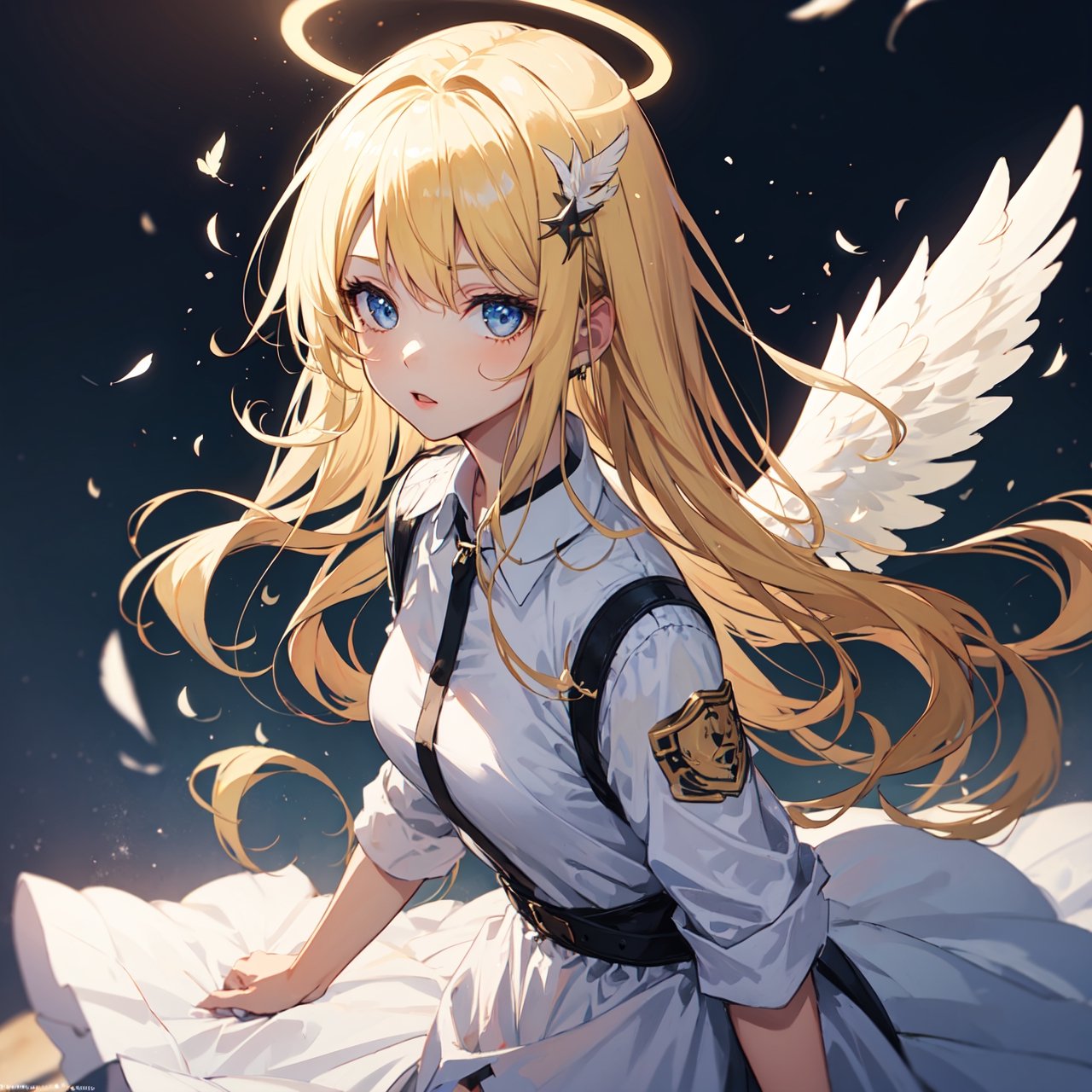 1girl, blonde bair, halo, white feather_wings, angel_wings, shirt, flying, looking_at_viewer, cowboy_shot, glowing particle,