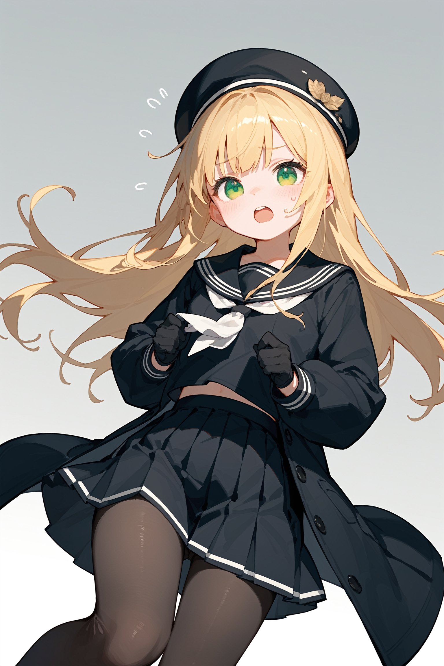 (score_9, score_8_up, score_7_up), 1girl, green eyes, solo, blonde hair, long hair, pantyhose, hat, gloves, skirt, black gloves, black pantyhose, black headwear, school uniform, coat, sailor collar, black skirt, beret, long sleeves, serafuku, open mouth, black serafuku, pantyhose pull, flying sweatdrops, black shirt, feet out of frame, clothes pull, neckerchief, black sailor collar