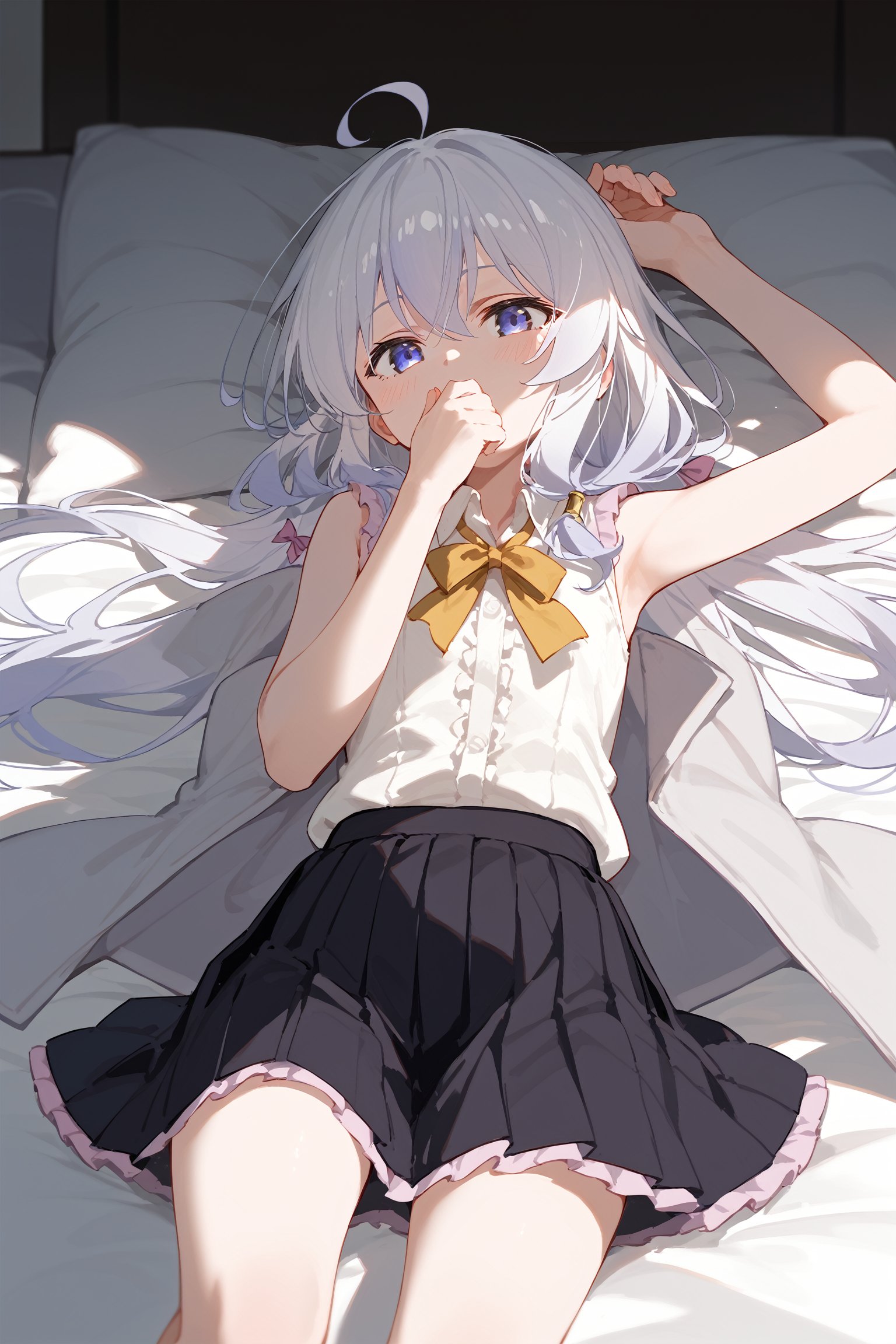 (score_9, score_8_up, score_7_up), 1girl, elaina-inner, elaina \(majo no tabitabi\), solo, ahoge, sleeveless, sleeveless shirt, white shirt, pleated skirt, frilled skirt, lying, on back, arm up, feet out of frame, covering own mouth