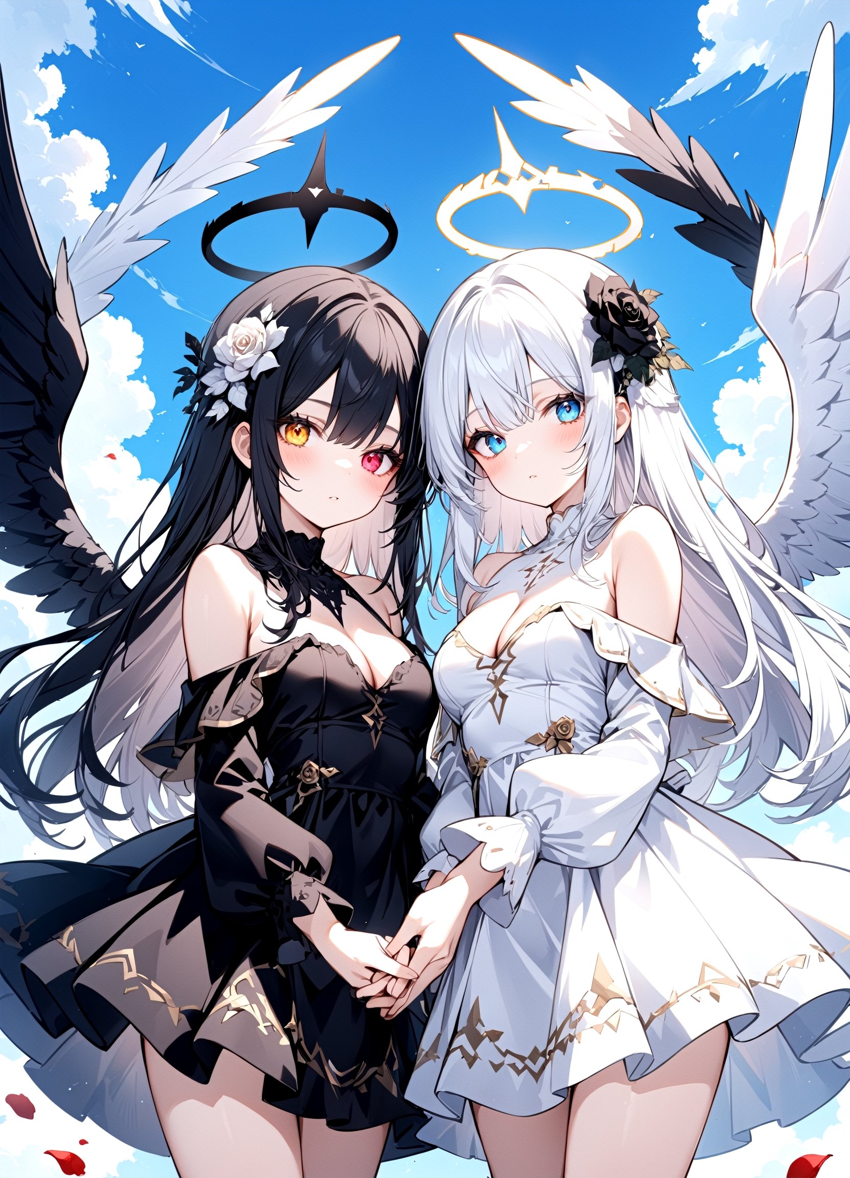 2girl, twins, white_angel with white further wing and white halo, black_angel with black further wing and dark halo, cowboy shot,cleavage,off shoulder,hair flower, off-shoulder dress, puffy long sleeves, puffy sleeves, rose petals, Heterochromatic pupil, cloud, sky, holding hands
