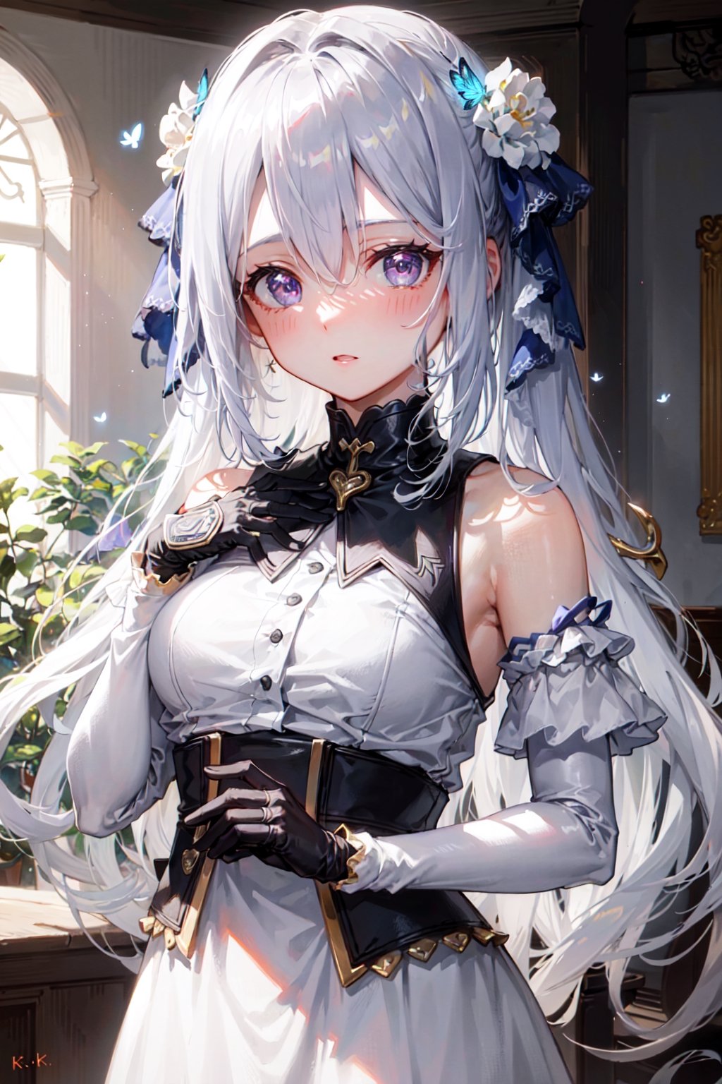 (masterpiece:1.2, best quality), (finely detailed beautiful eyes: 1.2), (extremely detailed CG unity 8k wallpaper, masterpiece, best quality, ultra-detailed, best shadow), (detailed background), (beautiful detailed face, beautiful detailed eyes), (best illumination, an extremely delicate and beautiful), beautiful detailed glow, 1girl, solo, dress, long hair, gloves, purple eyes, white hair, white dress, elbow gloves, breasts, black gloves, bare shoulders, forest, purple leaves, purple butterfly