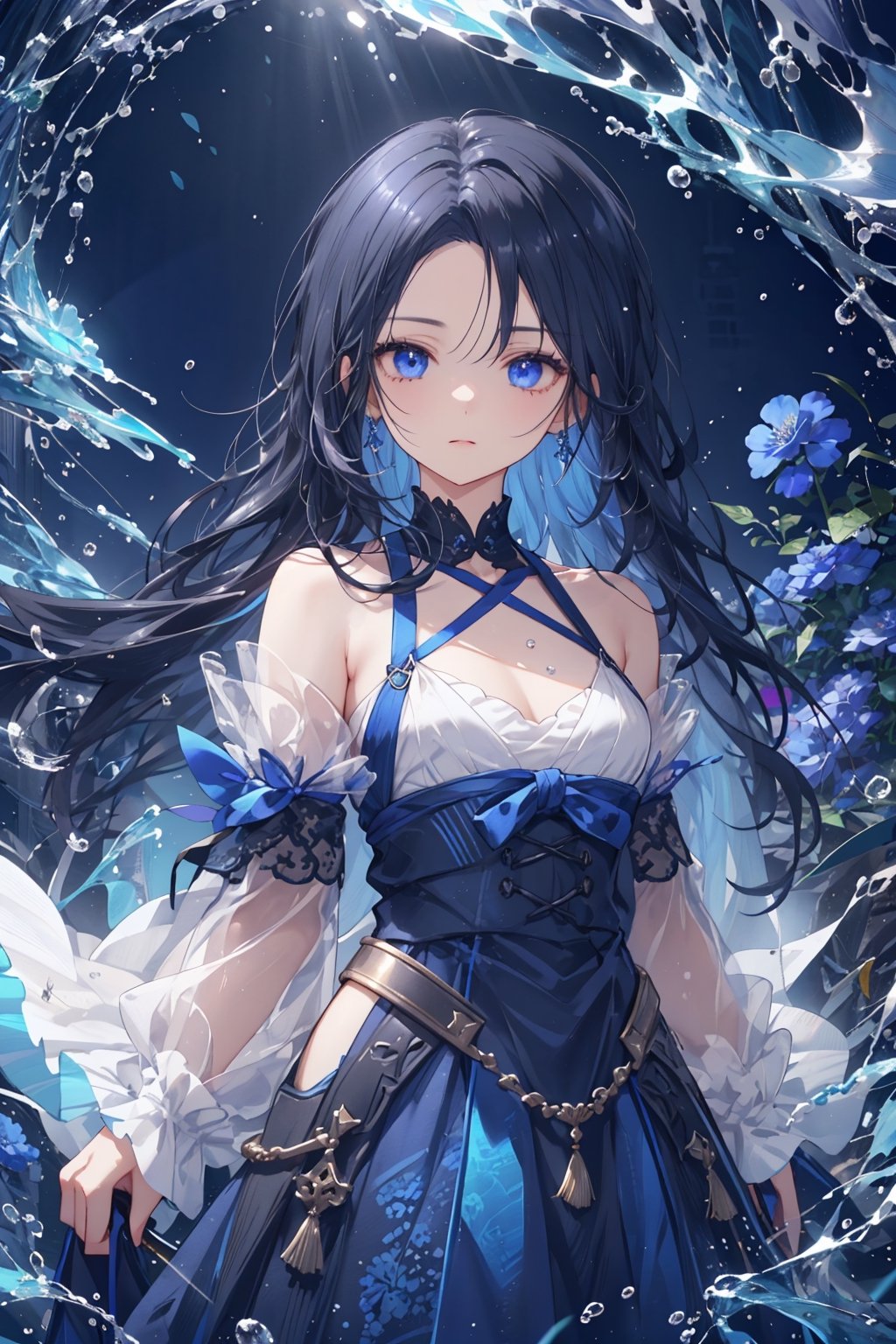 masterpiece, best quality, ultra detailed, extremely detailed, wallpaper, (Indigo eyes), (dragon Indigo), (forehead, slicked back hair, long hair, black hair with the inside of the hair dyed a beautiful indigo color), (black halter neck, wide sleeves, overskirt:1.2), (surrounding with blue flames, night, indigo flowers, water, flow, volumetric light, fantasy environment)