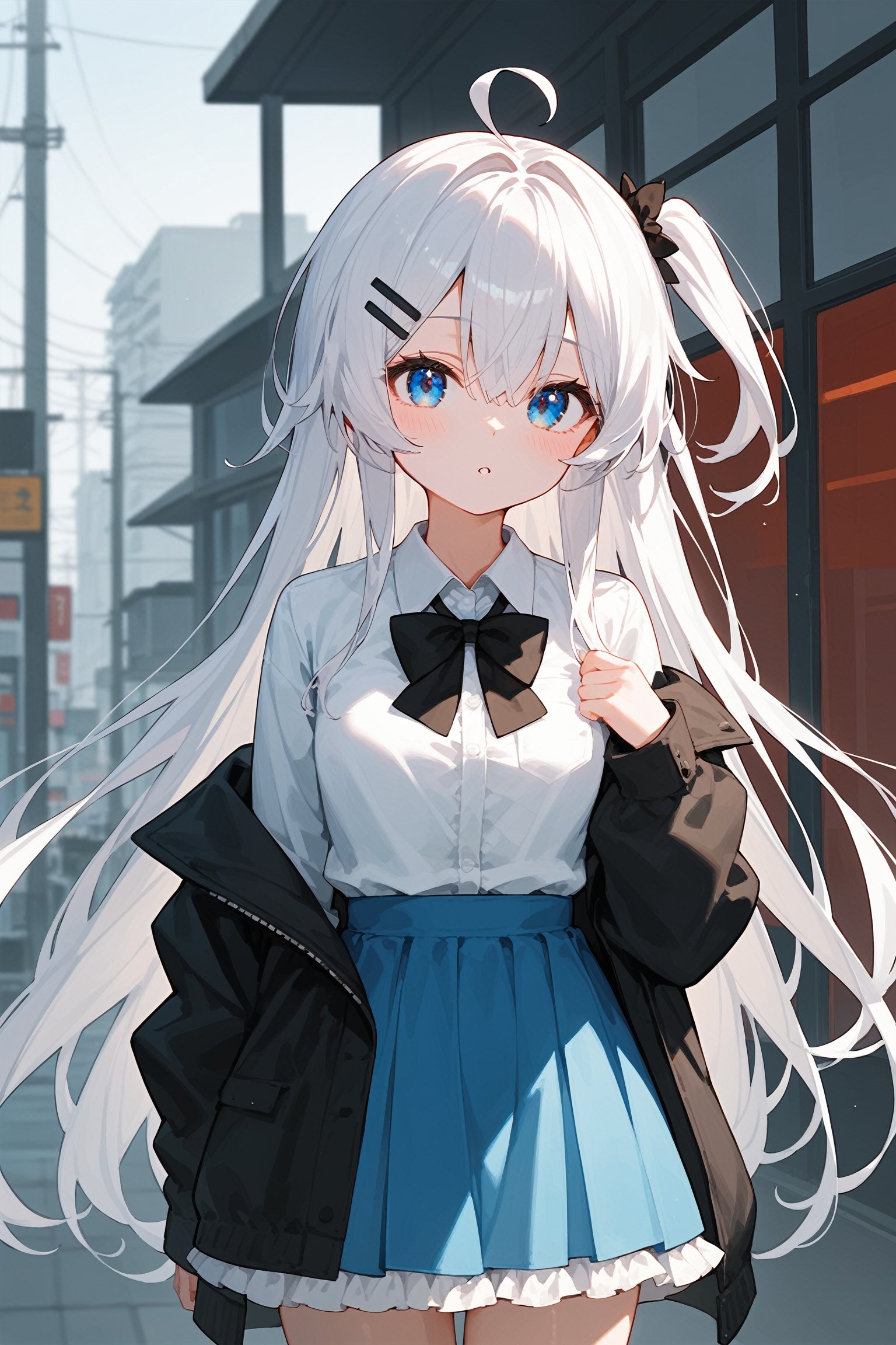 (score_9, score_8_up, score_7_up), 1girl, solo, white shirt, long hair, hair ornament, hairclip, white hair, blue eyes, long sleeves, collared shirt, looking at viewer, black jacket, parted lips, bow, one side up, very long hair, blue skirt, ahoge, off shoulder, open jacket, frills, frilled skirt, hair between eyes, black bow, blush, dress shirt, bowtie, scenery, outdoor, cowboy shot