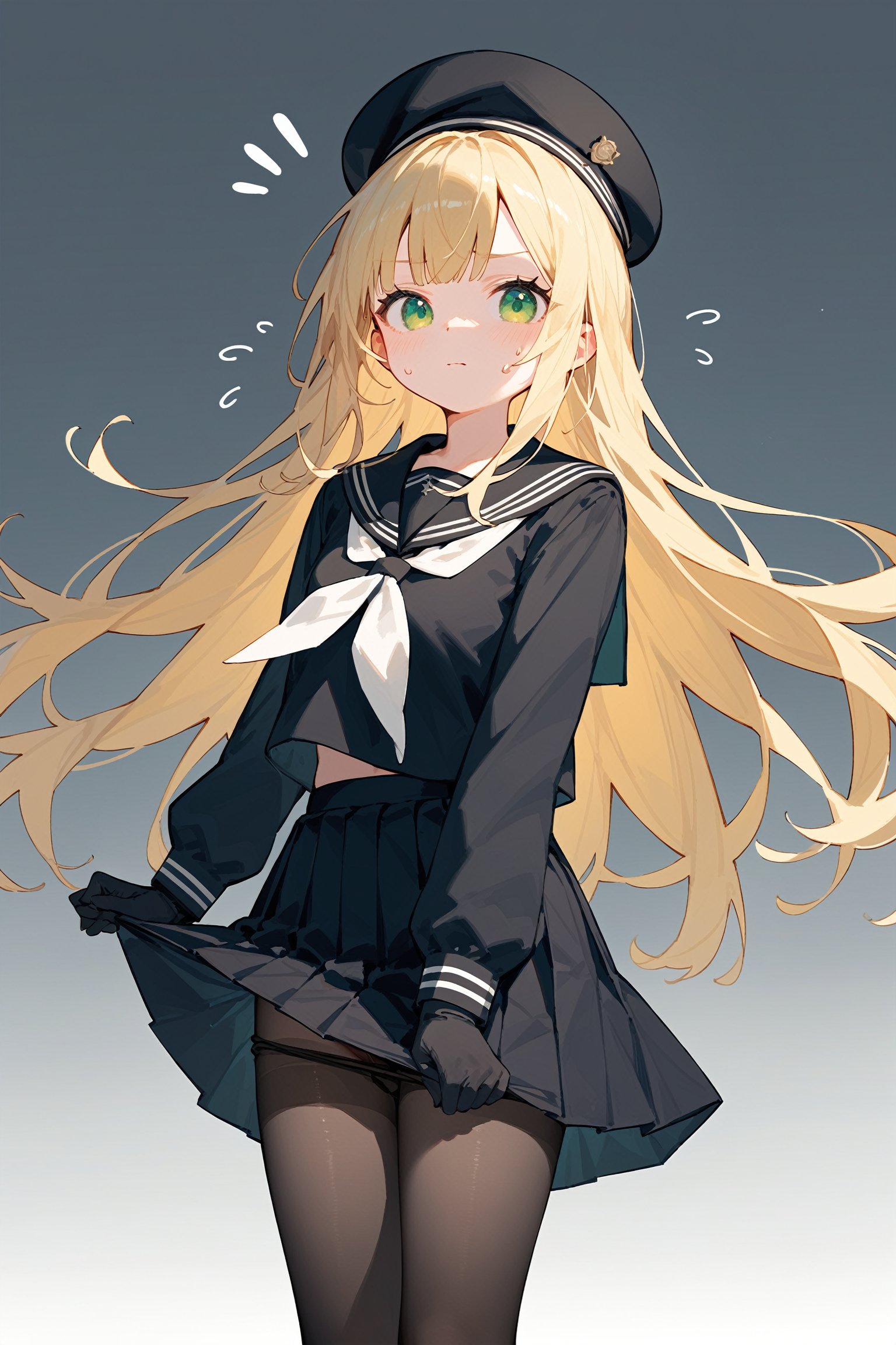 (score_9, score_8_up, score_7_up), 1girl, green eyes, solo, blonde hair, long hair, pantyhose, hat, gloves, skirt, black gloves, black pantyhose, black headwear, school uniform, sailor collar, black skirt, beret, long sleeves, serafuku, black serafuku, pantyhose pull, flying sweatdrops, black shirt, feet out of frame, clothes pull, white neckerchief, black sailor collar