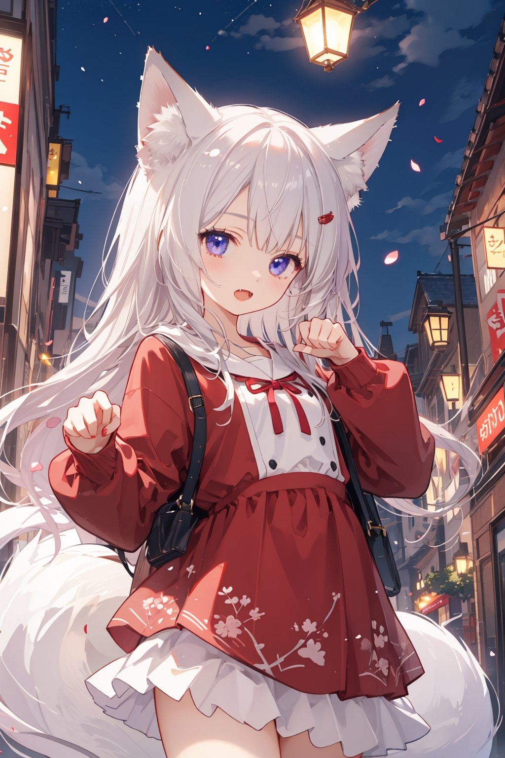 masterpiece, best quality, ultra detailed, extremely detailed, wallpaper, 1girl, solo, long hair, fox girl, fang, paw pose, animal ear fluff, open mouth, petals, night, scenery, 