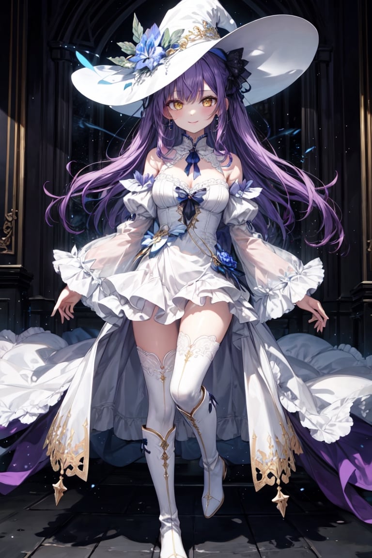 1girl, solo, illustration, purple hair, long hair, yellow eye, beautiful detailed glow eye, full body, white witch hat, white dress, frilled skirt, jewelry, best illumination, detached sleeves, thighhighs, frills, kneeboots, bare shoulder, indoor, night, smile, nice hands, perfect hands, looking at viewer, ethereal glow, vibrant colors