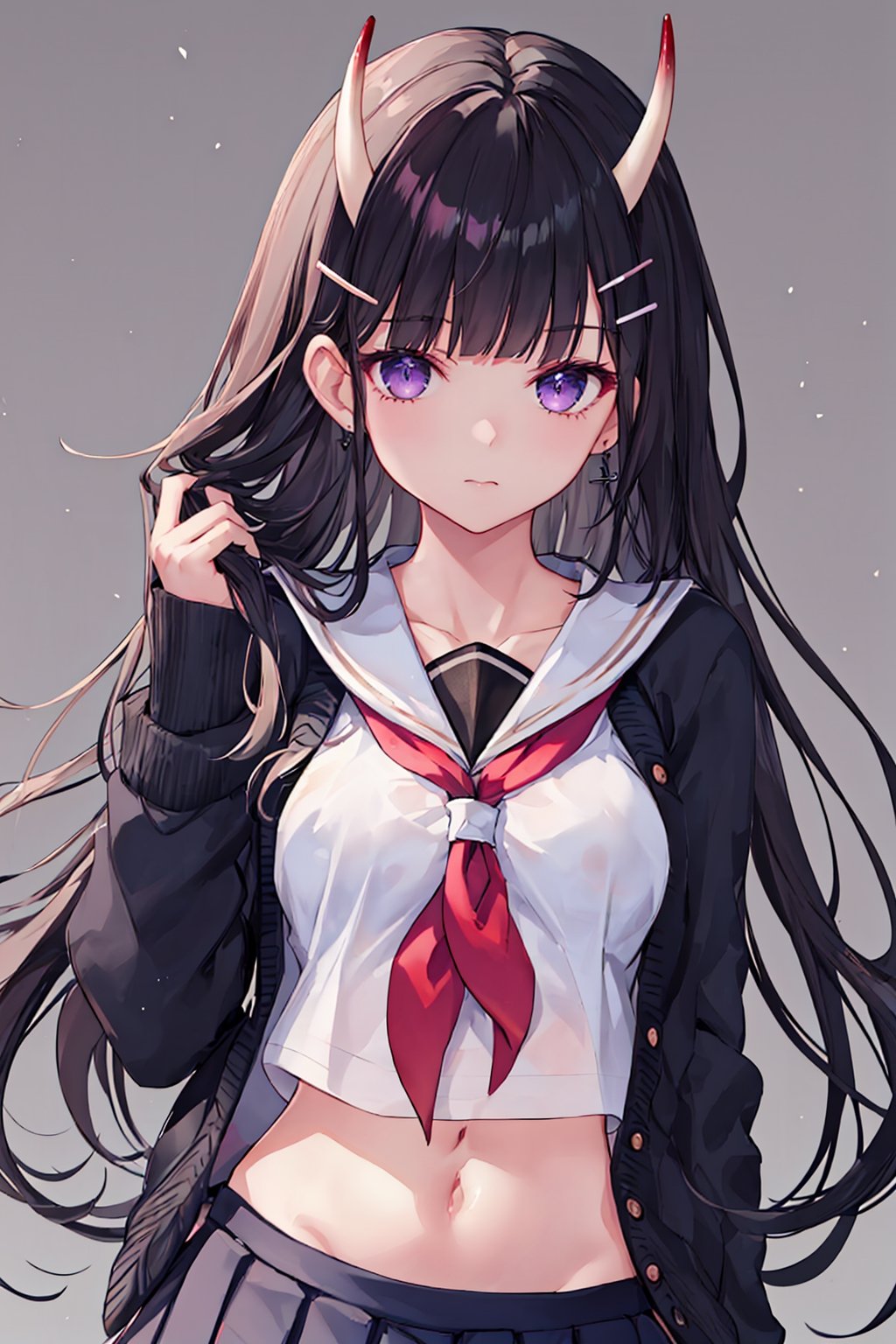 (masterpiece:1.2, best quality), (finely detailed:1.2), (extremely detailed CG unity 8k wallpaper, masterpiece, best quality, ultra-detailed, best shadow), (detailed face, detailed eyes, detailed background), (best illumination, an extremely delicate and beautiful), beautiful and detailed eye, galmorous, 1girl, (noshiro_azurlane:1.15), long_hair, horns, oni_horns, black_hair, purple_eyes, bangs, hair_ornament, hairclip, breasts, x_hair_ornament, serafuku, very_long_hair, 1girl, looking_at_viewer, sailor_collar, school_uniform, shirt, upper_body, closed_mouth, collarbone, blunt_bangs, hand_in_own_hair, white_sailor_collar, (black_serafuku, black_shirt), hand_up, long_sleeves, looking_at_viewer, neckerchief, pleated_skirt, midriff_peek, black cardigan, open_cardigan, sheath, midriff, navel, open_clothes